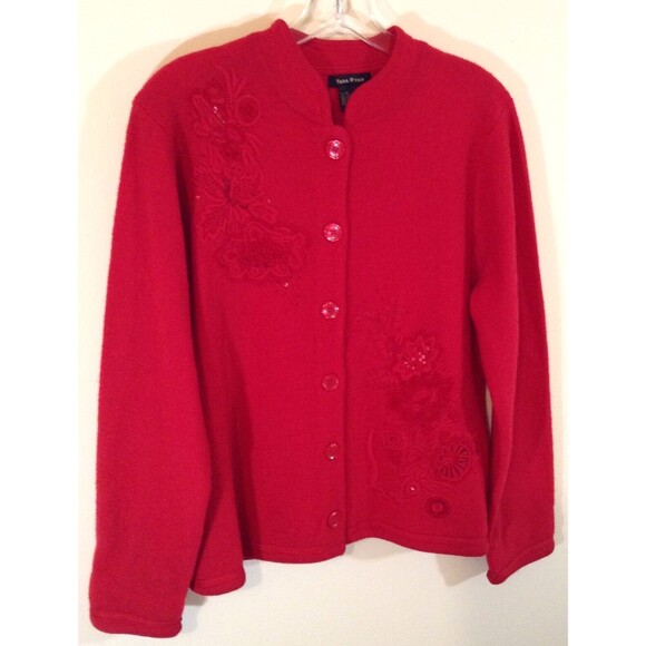 Vtg Cardigan Sweater Wmn M Red 100% Wool Floral Embroidered Grandma Cottage Y2K - Picture 2 of 12